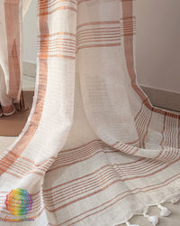 Sequin detail close up on ivory white linen saree highlighting subtle shimmer