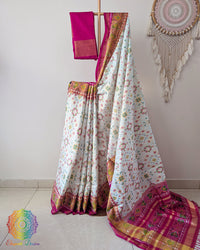 White pure mulberry silk Rajkot Patola saree drape view