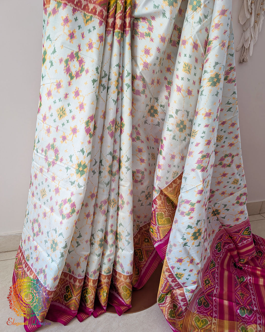 White pure mulberry silk Rajkot Patola saree pleats