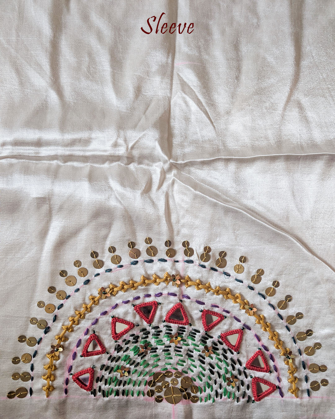 Sleeve Detail of White Mashru Silk Blouse with Kutch Handwork, Mirrors and Sequins