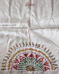 Sleeve Detail of White Mashru Silk Blouse with Kutch Handwork, Mirrors and Sequins
