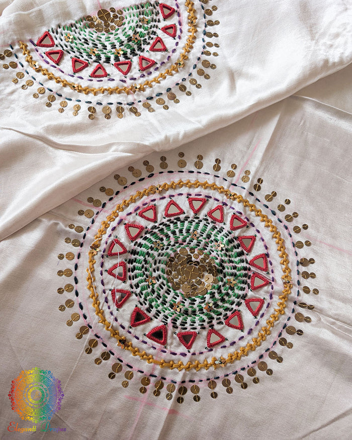 White Mashru Silk Kutch Handwork Blouse Front View with Mirror and Sequin Work