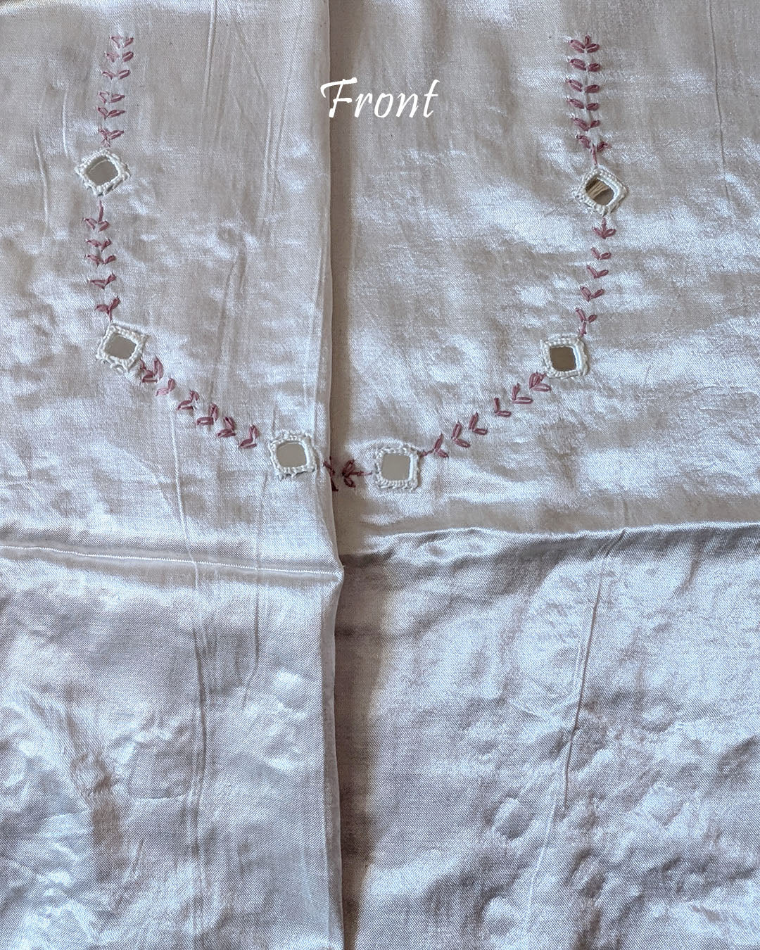 Close-up of Kutch mirror work on front neckline of White Mashru Silk Blouse Piece