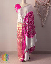 White pink Rasmandal gaji silk saree on mannequin showing full drape and gota patti work