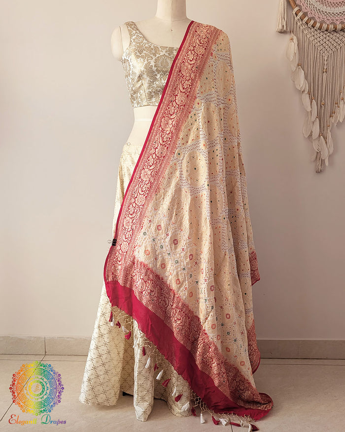 White red banarasi meenakari georgette rai bandhej dupatta Elegantt Drapes