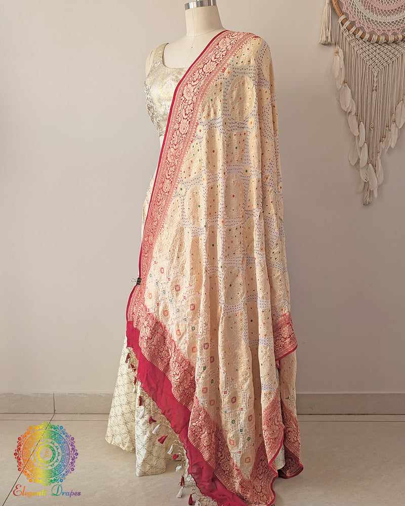 White red banarasi meenakari bandhej dupatta drape side view