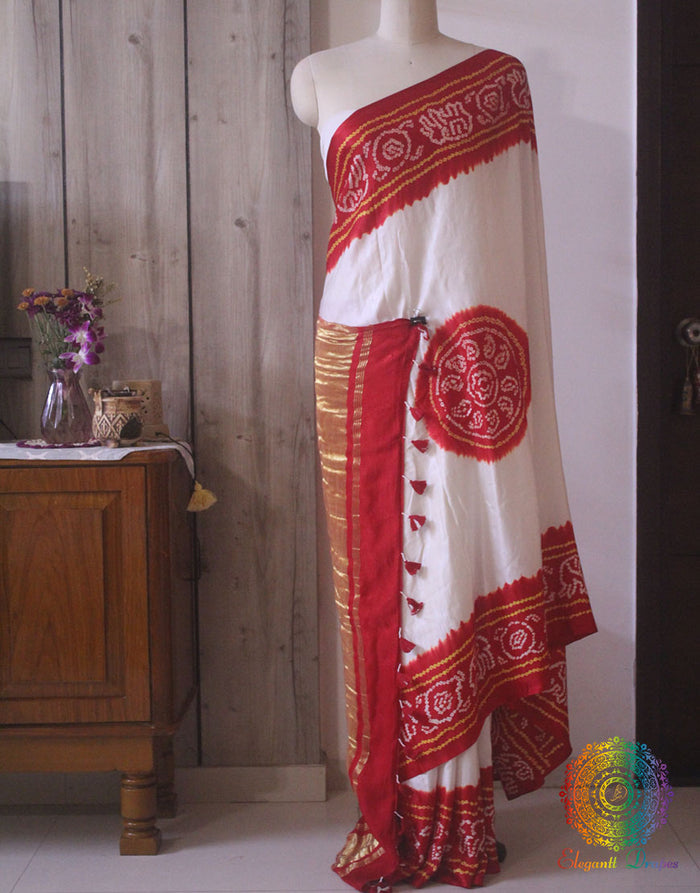 White Gajji Silk Saree with Red Palla draped view