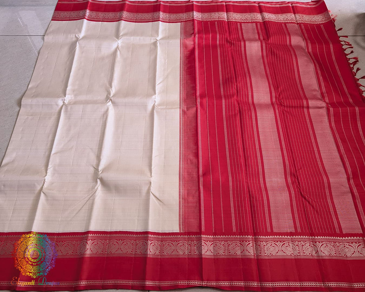 White red Kanjivaram silk saree open view without zari