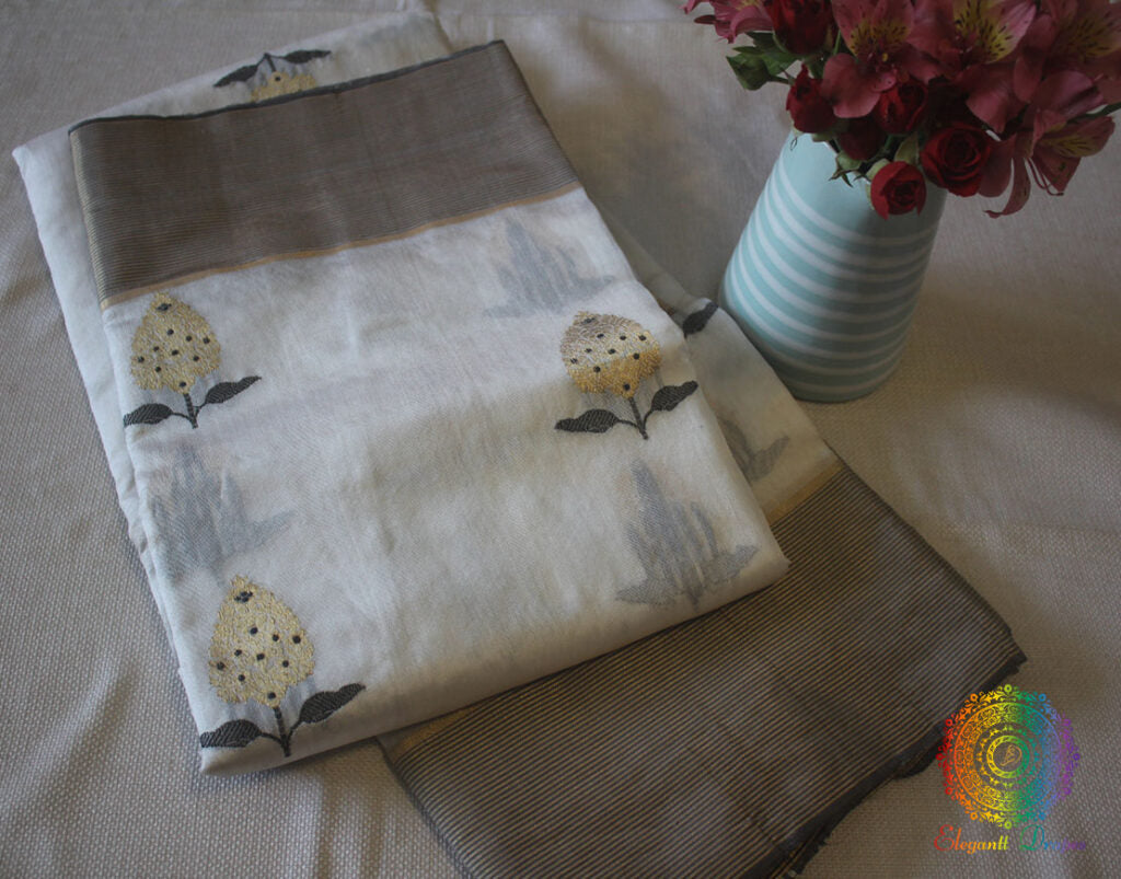 White Pure Chanderi Handloom Katan Silk Saree | Elegantt Drapes