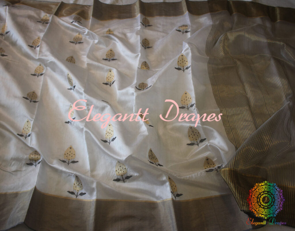 White Pure Chanderi Handloom Katan Silk Saree | Elegantt Drapes