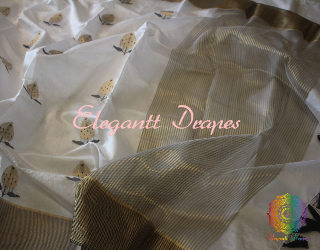 White Pure Chanderi Handloom Katan Silk Saree | Elegantt Drapes