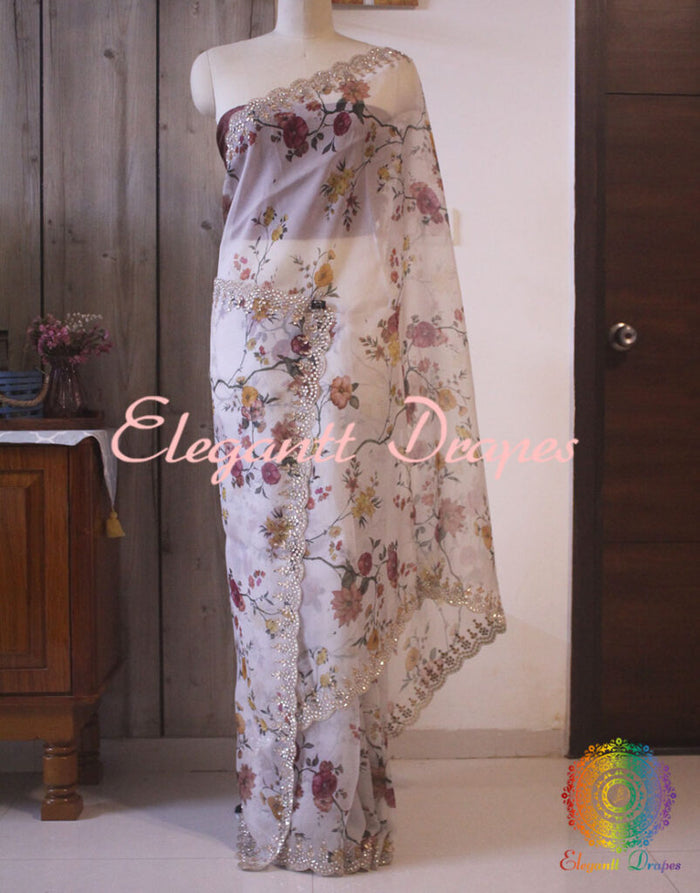 White Floral Printed Pure Organza Gota Patti Saree – Handloom Saree Online India | Elegantt Drapes