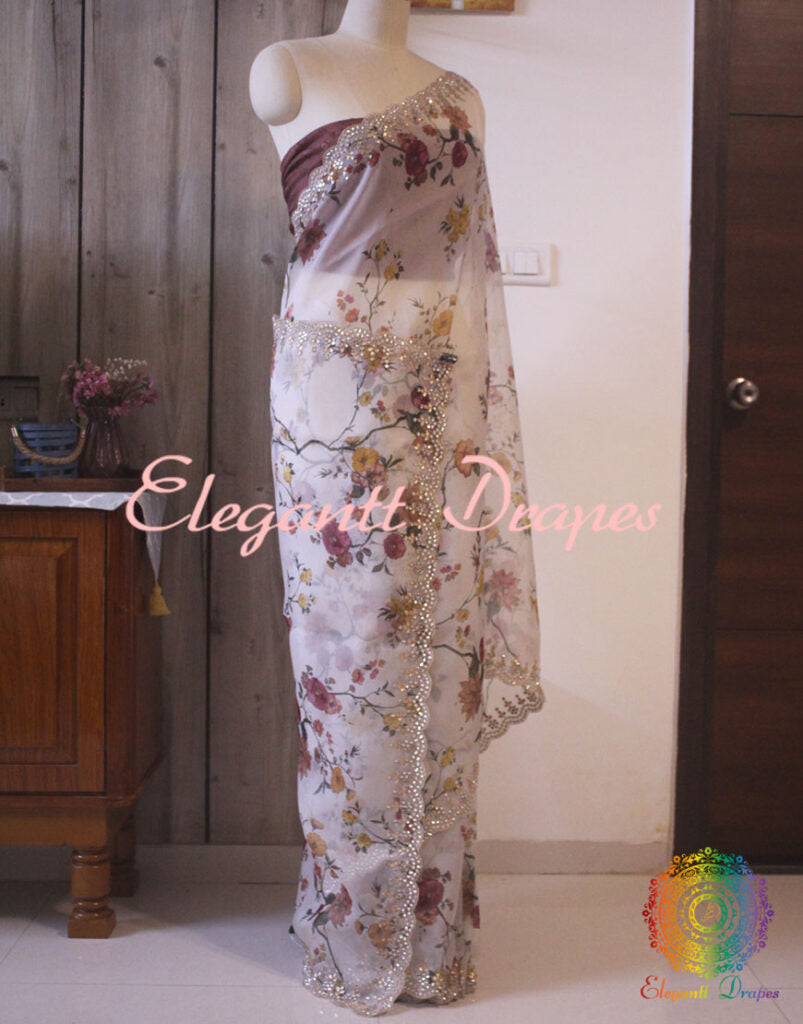 White Floral Printed Pure Organza Gota Patti Saree – Handloom Saree Online India | Elegantt Drapes