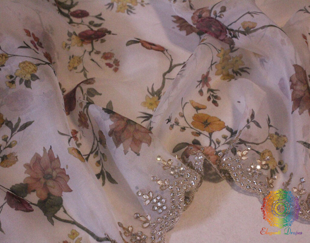 White Floral Printed Pure Organza Gota Patti Saree – Handloom Saree Online India | Elegantt Drapes