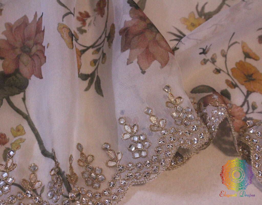 White Floral Printed Pure Organza Gota Patti Saree – Handloom Saree Online India | Elegantt Drapes