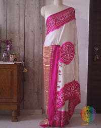 White Pink saree pallu with Bandhej detailing