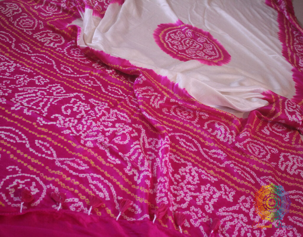 White Pink Bandhani saree with traditional Gujarati tie dye