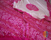 White Pink Bandhani saree with traditional Gujarati tie dye