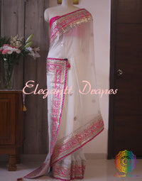 White Gota Patti Handwork Pure Chinon Crepe Saree