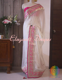 White Gota Patti Handwork Pure Chinon Crepe Saree