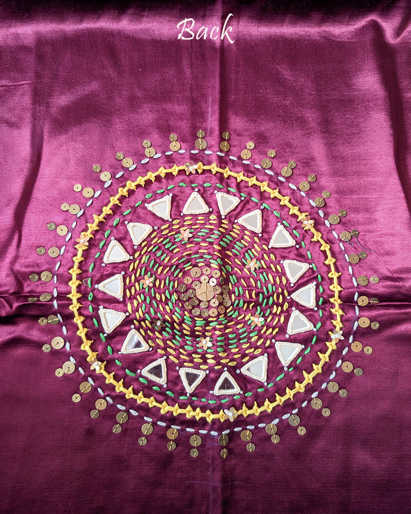 Back View of Wine Mashru Silk Kutch Handwork Blouse Piece