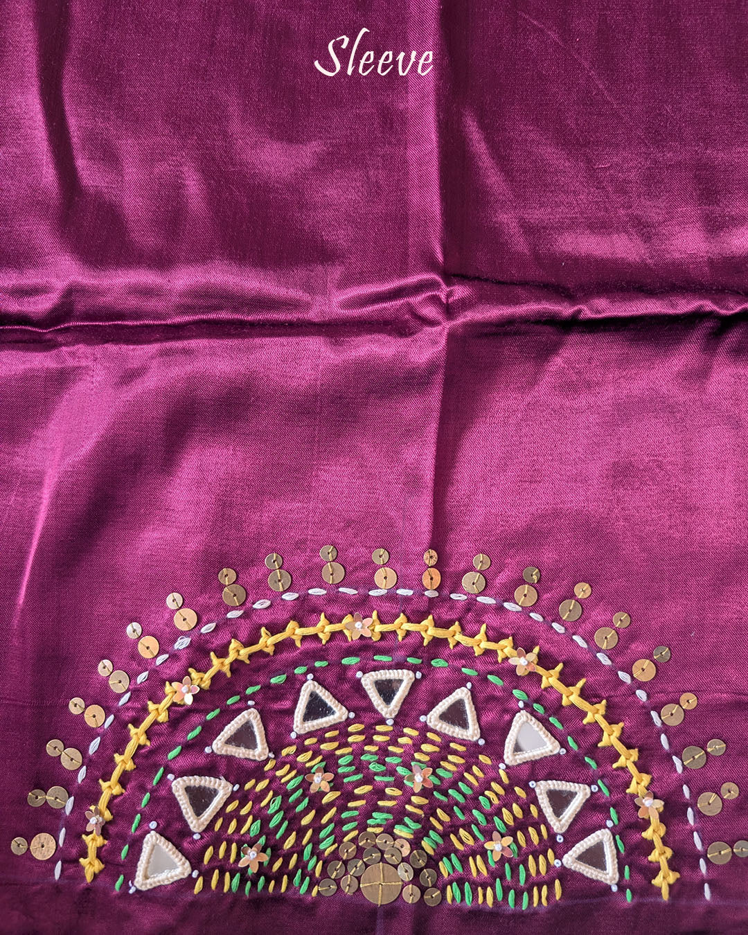 Sleeve Detail of Wine Mashru Silk Blouse with Kutch Handwork, Mirrors and Sequins