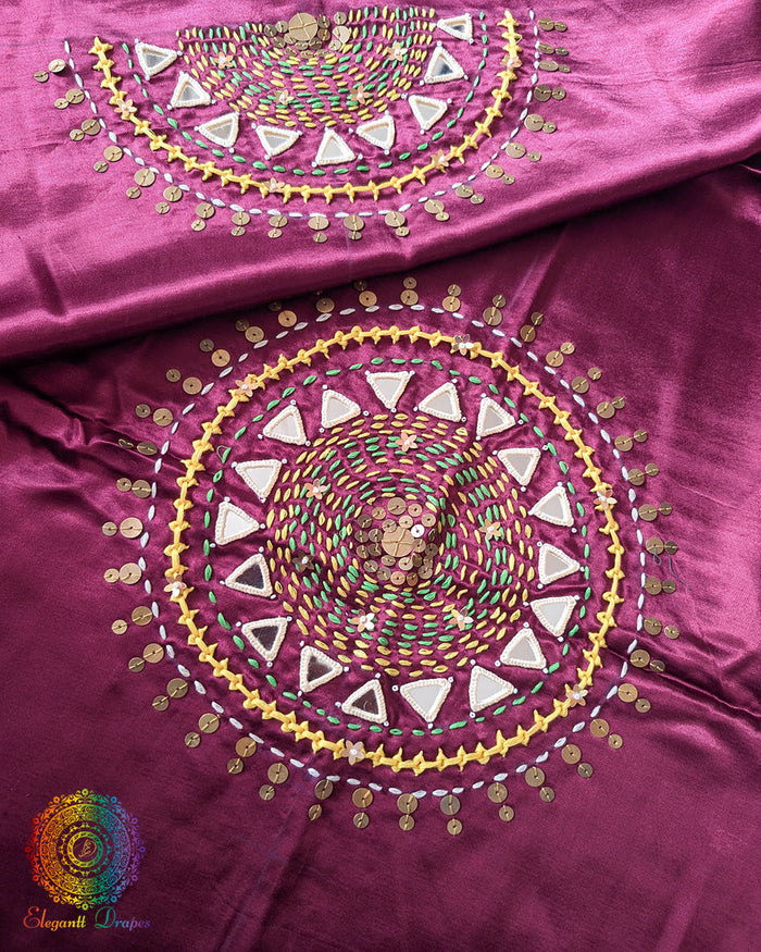 Wine Mashru Silk Kutch Handwork Blouse Front View with Mirror and Sequin Work