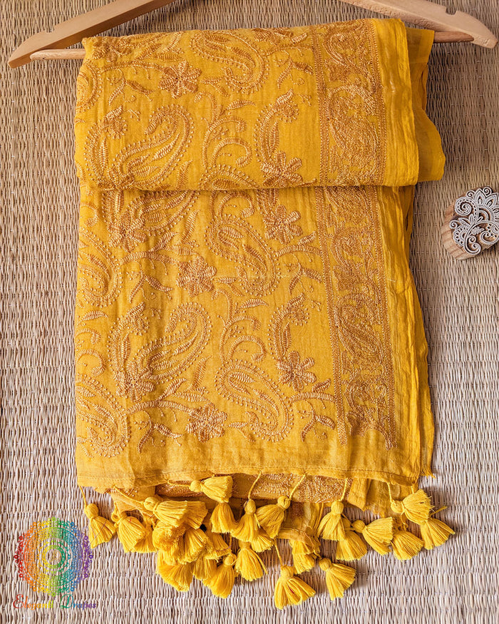 Yellow Mul Cotton Saree with Chikankari Threadwork