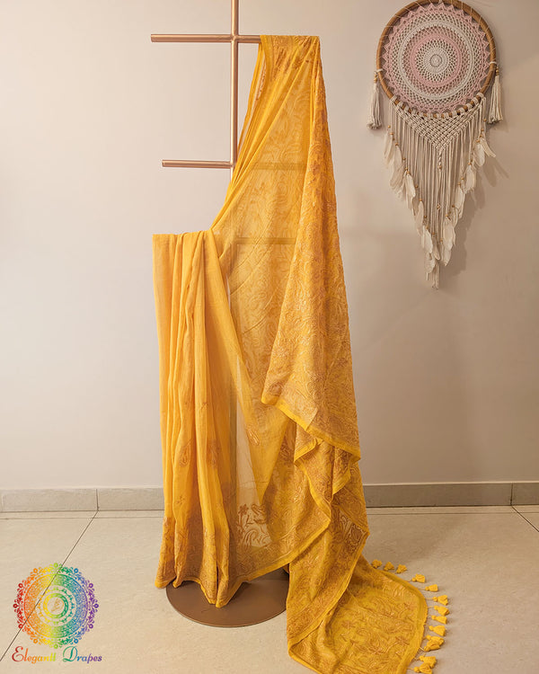 Yellow Mul Cotton Saree with Chikankari Threadwork full view