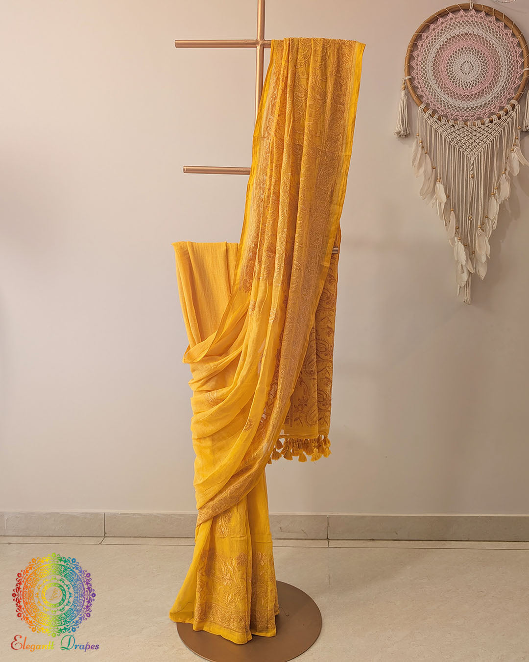 Yellow Mul Cotton Saree with heavy Chikankari machine embroidery