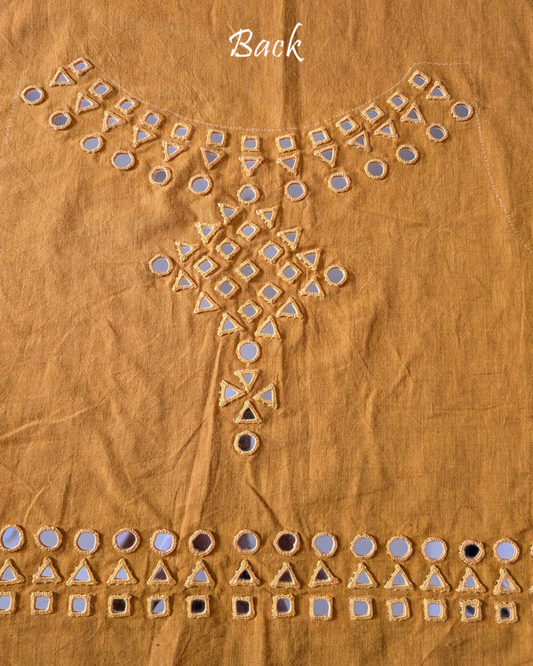 Back view of the Mustard Yellow Kala Cotton Kutch Mirror Handwork blouse piece, showcasing intricate traditional embroidery and real mirrors arranged in a decorative handcrafted design.