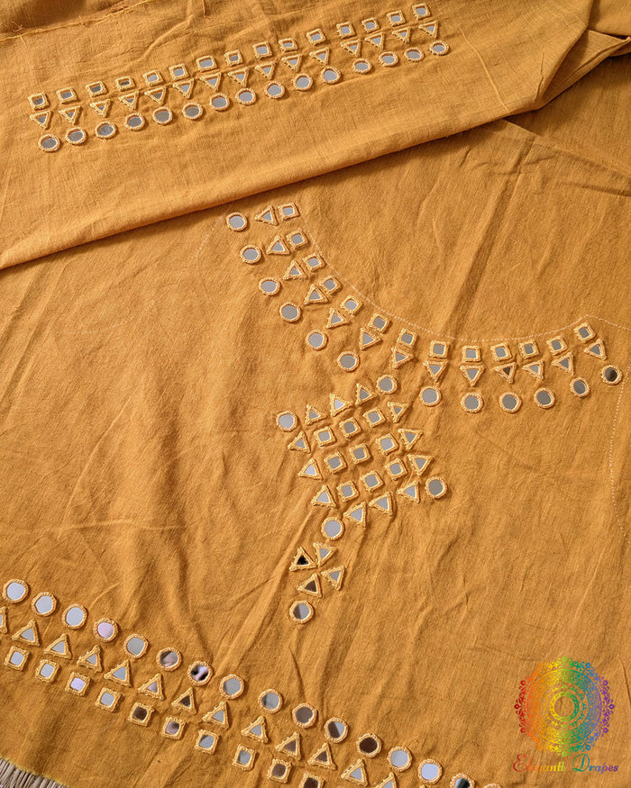 Mustard Yellow Kala Cotton Kutch Mirror Handwork blouse piece featuring traditional thread embroidery and real mirror embellishments, ideal for customised ethnic blouse stitching.