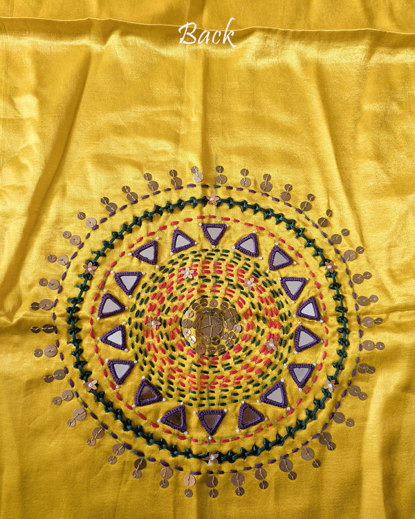 Back View of Yellow Mashru Silk Kutch Handwork Blouse Piece