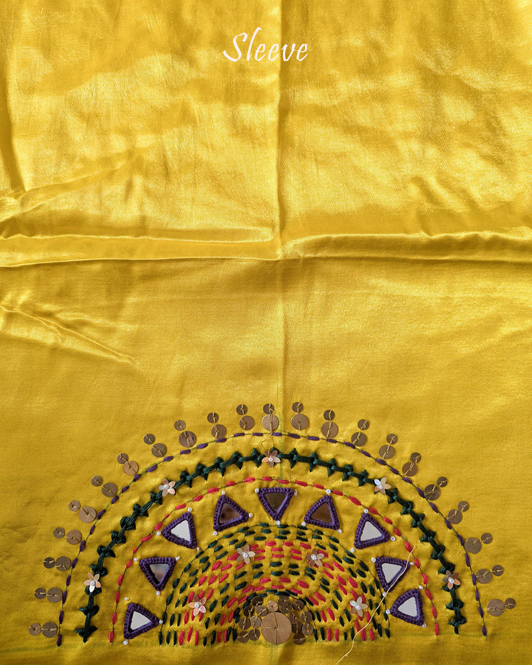 Sleeve Detail of Yellow Mashru Silk Blouse with Kutch Handwork, Mirrors and Sequins
