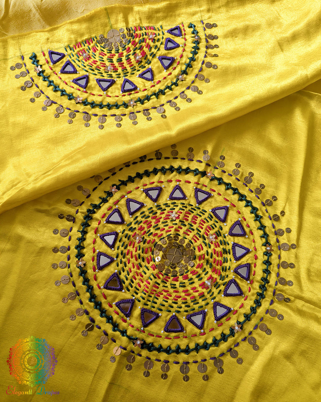 Yellow Mashru Silk Kutch Handwork Blouse Front View with Mirror and Sequin Work