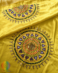 Yellow Mashru Silk Kutch Handwork Blouse Front View with Mirror and Sequin Work