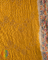 Close-up of the hand-painted Madhubani artwork on the Yellow Muga Silk Dupatta