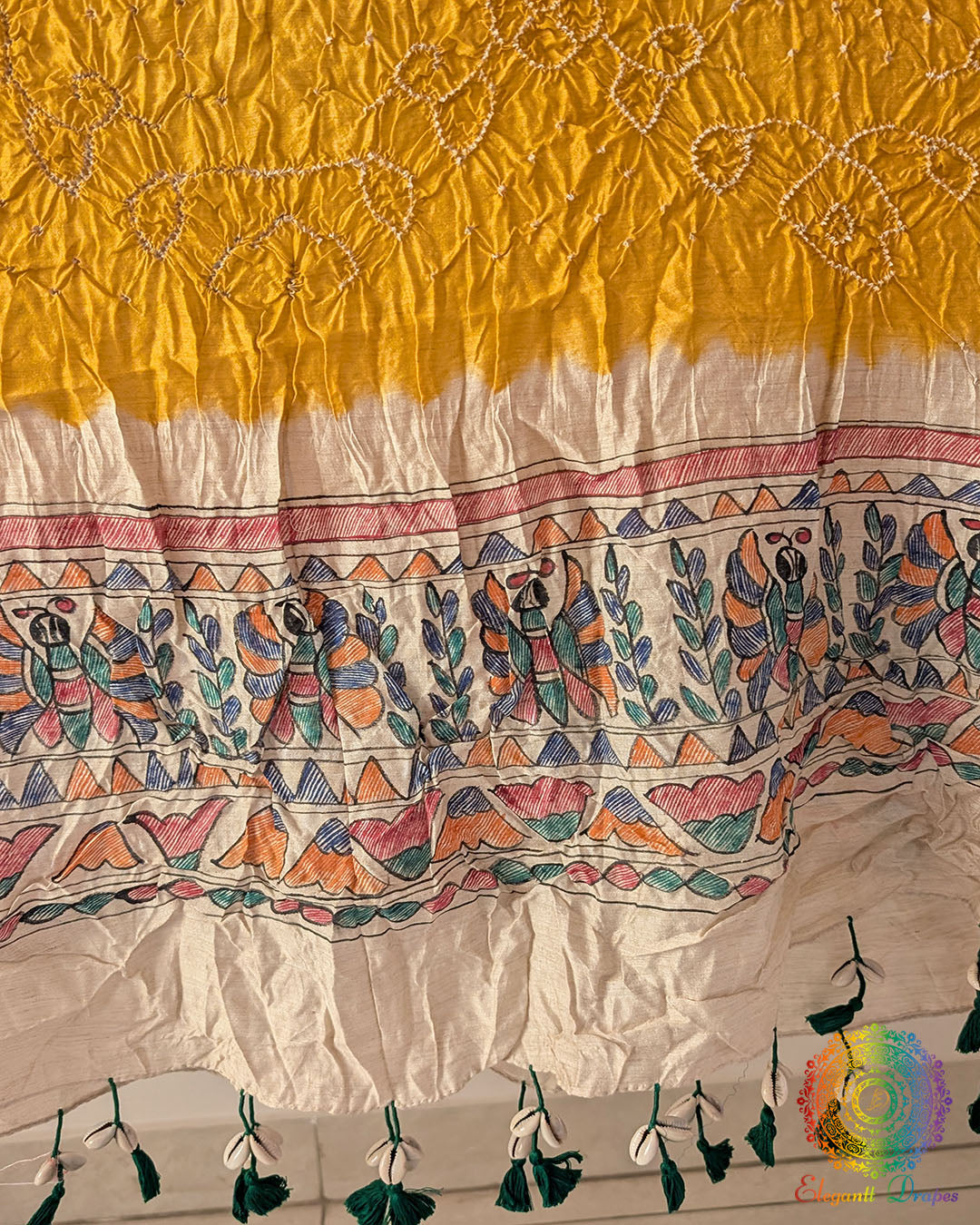 Yellow Bandhani Madhubani Muga Silk Dupatta styled for festive and traditional wear
