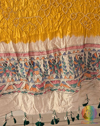 Yellow Bandhani Madhubani Muga Silk Dupatta styled for festive and traditional wear