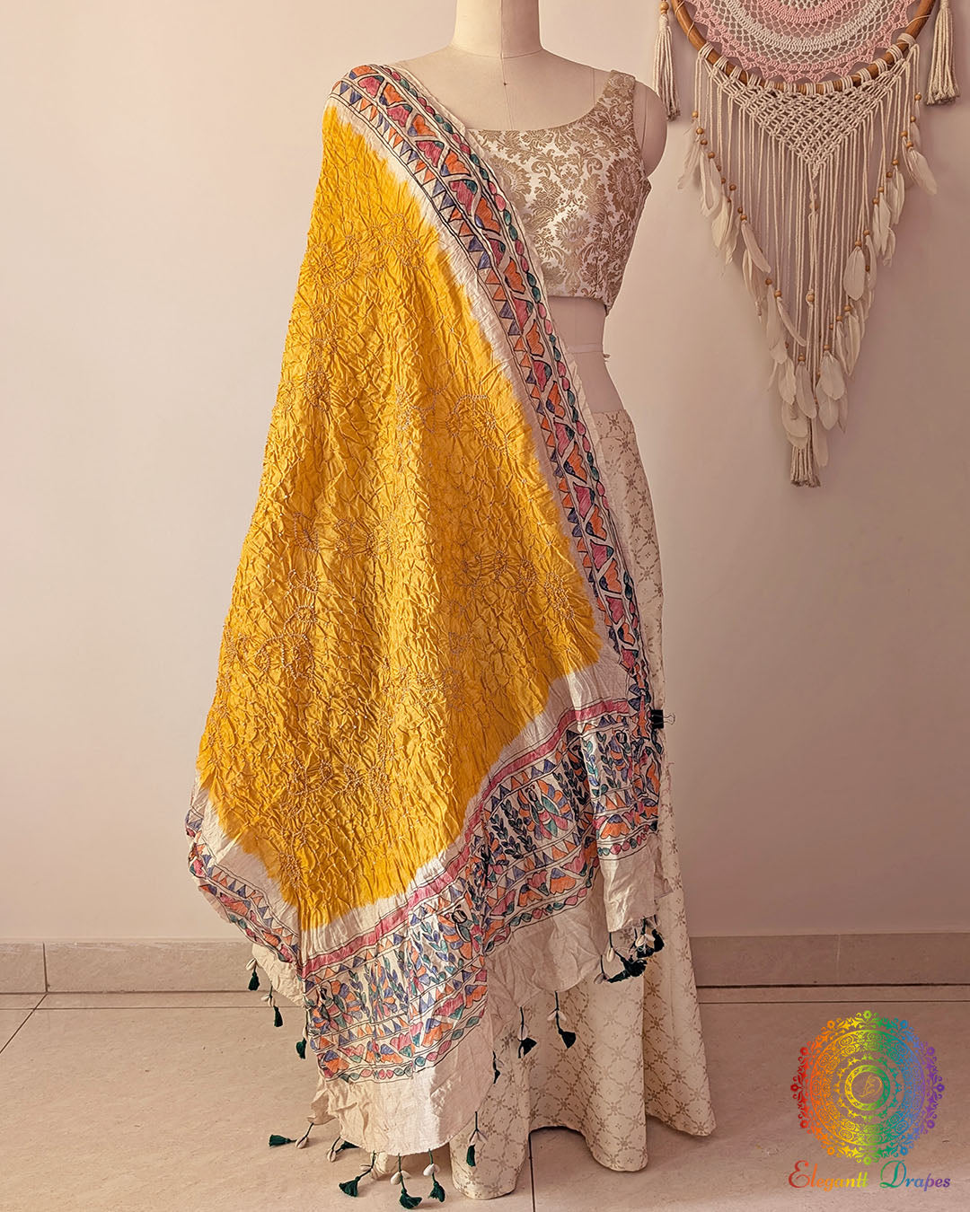 Yellow Bandhani Madhubani Muga Silk Dupatta full draped view