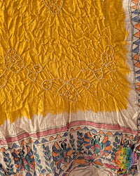Detailed Bandhani pattern on the Yellow Muga Silk Dupatta