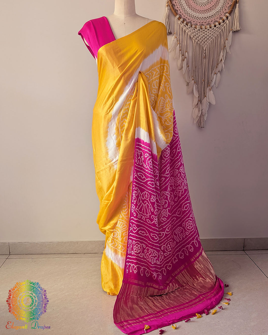 Yellow pure Gaji silk Bandhani saree drape view