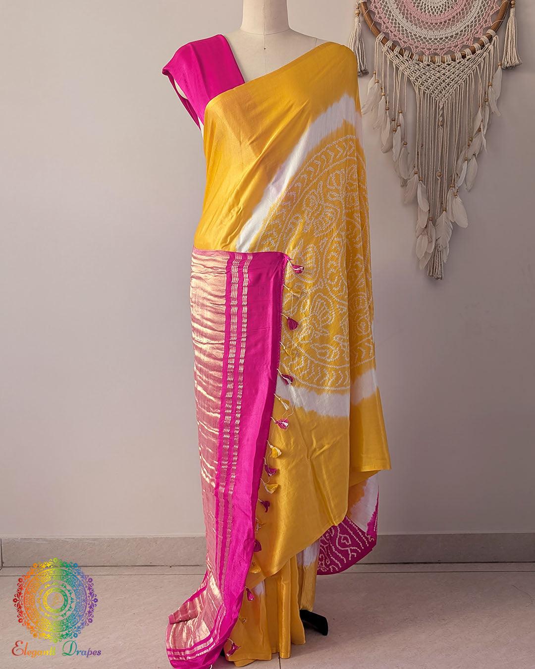 Yellow pure Gaji silk Bandhani saree front view