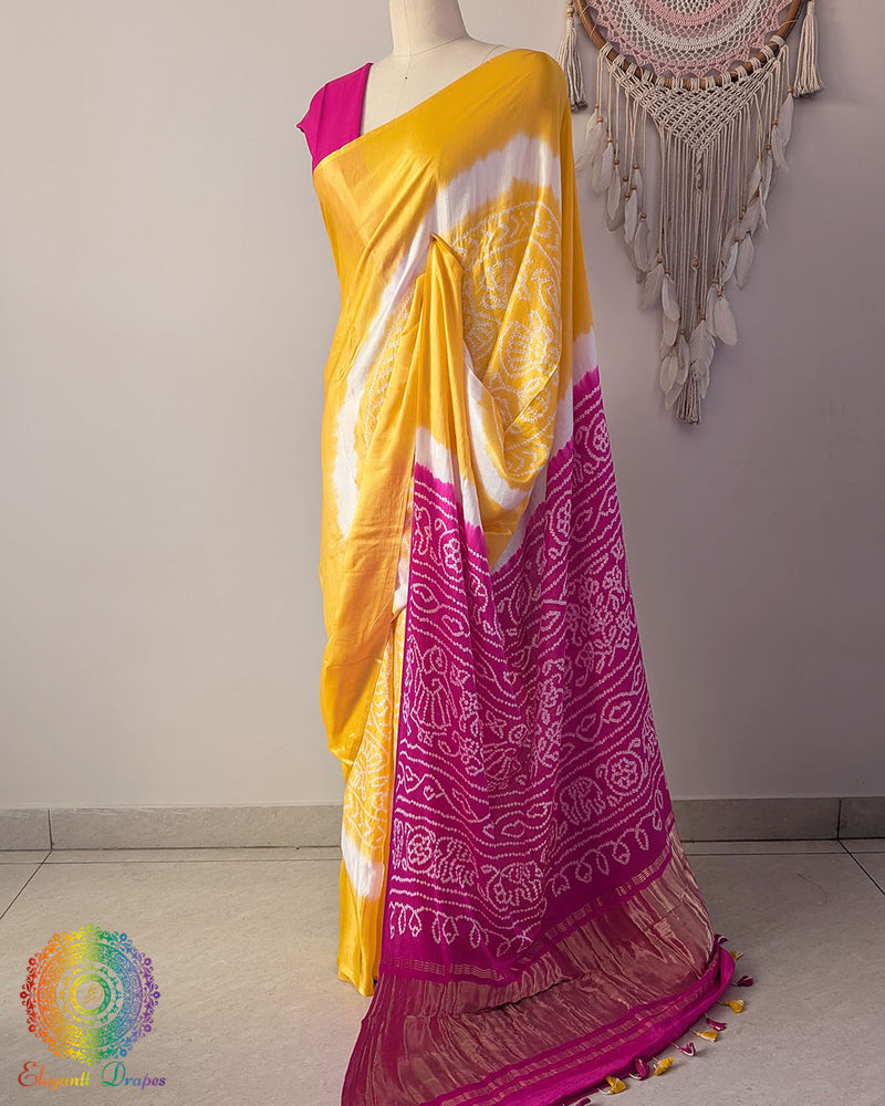 Yellow pure Gaji silk Bandhani saree side view