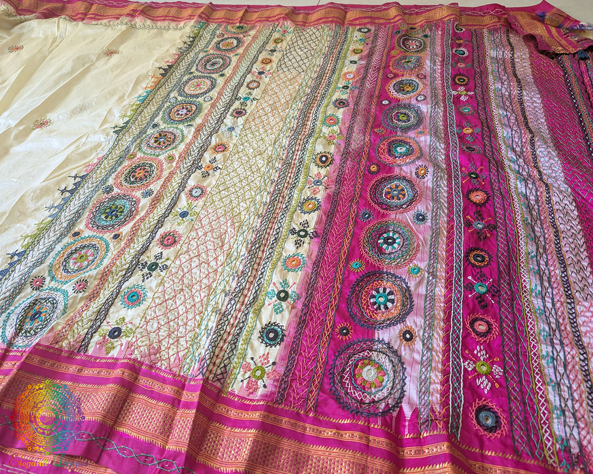 Pale yellow silk saree full layout view highlighting overall design and contrast