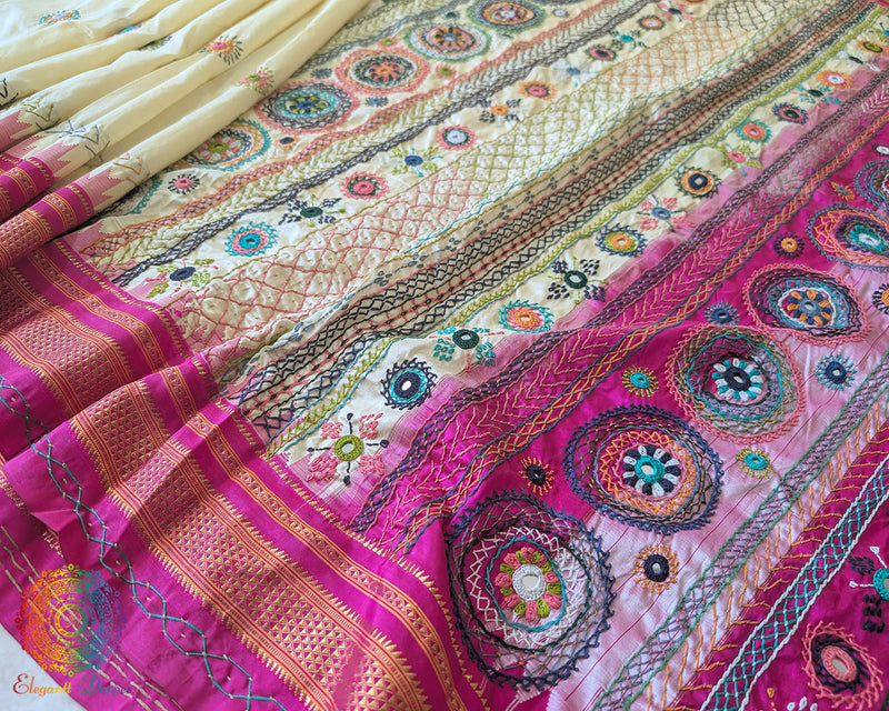 Pink palla close up on Ilkal silk saree showcasing Lambani handwork detail