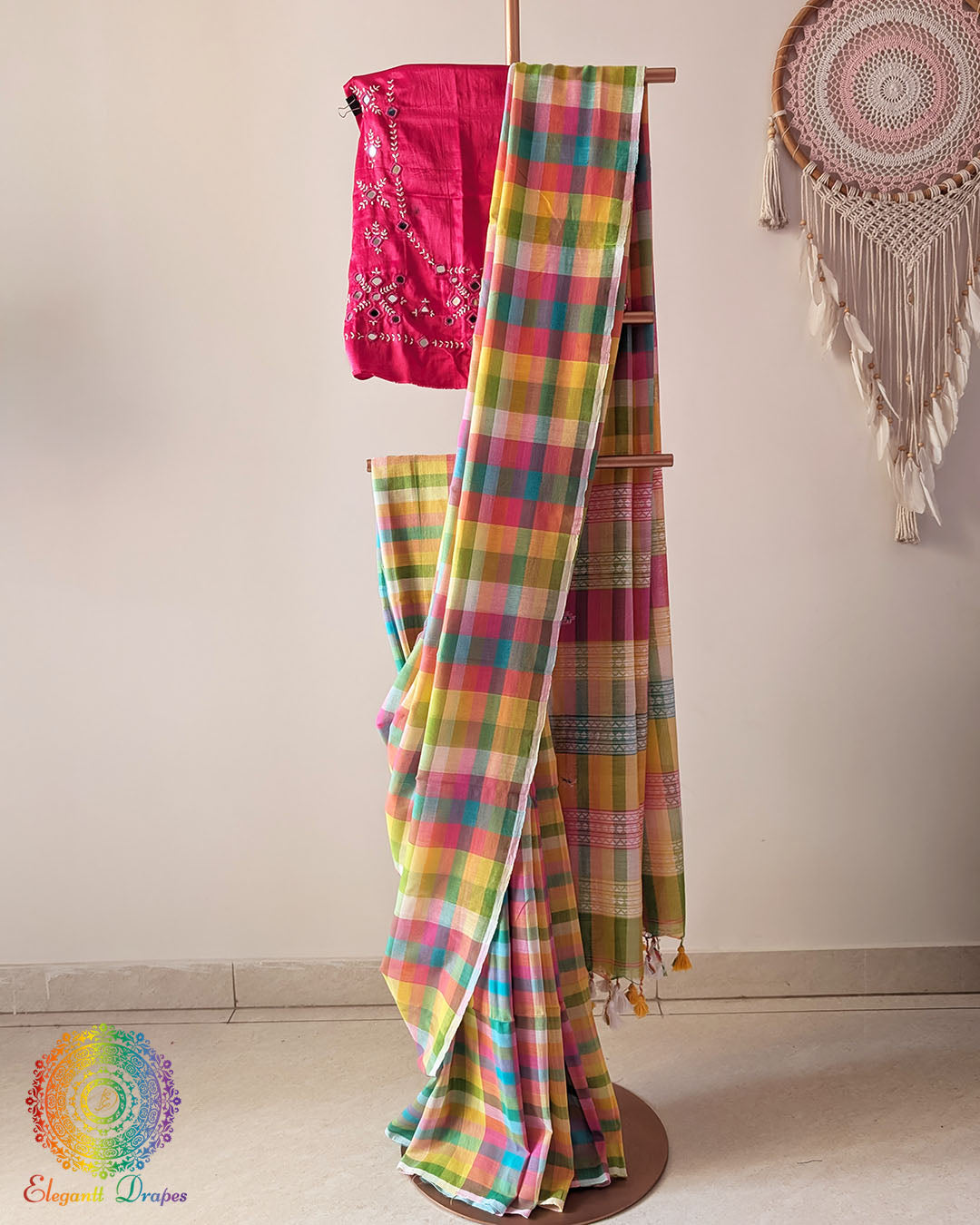 Yellow and pink Madras checks Bengal cotton saree showing full drape and Jamdani palla