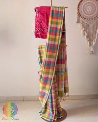 Yellow and pink Madras checks Bengal cotton saree showing full drape and Jamdani palla