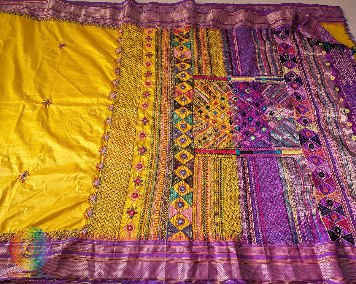 Traditional embroidered motif detail on yellow Ilkal silk saree