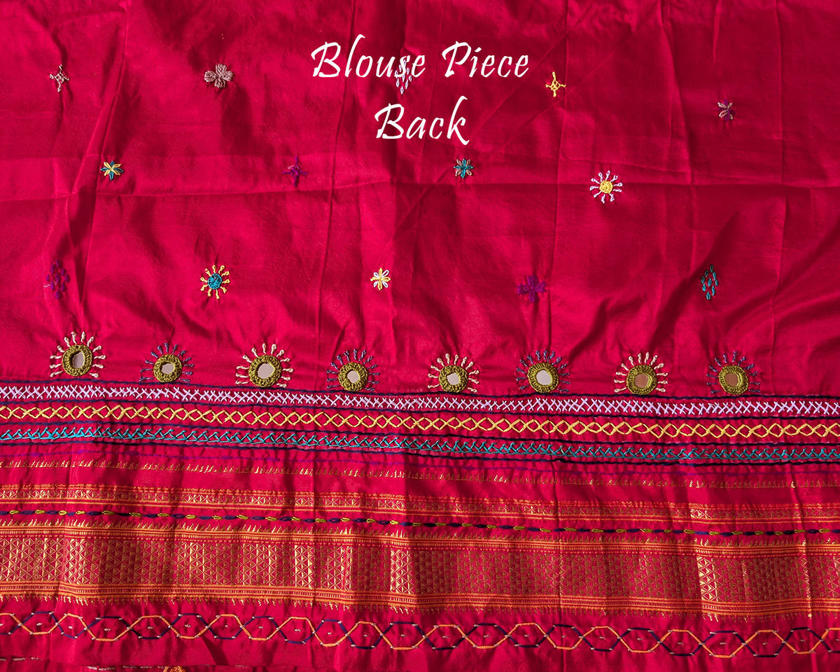 Blouse back design detail in yellow Ilkal silk fabric with embroidery